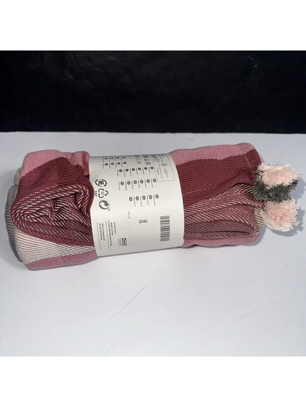 IKEA of Sweden LINDSVÄRMARE Throw Blanket Pink Gray Tassels Cotton 43”x67”